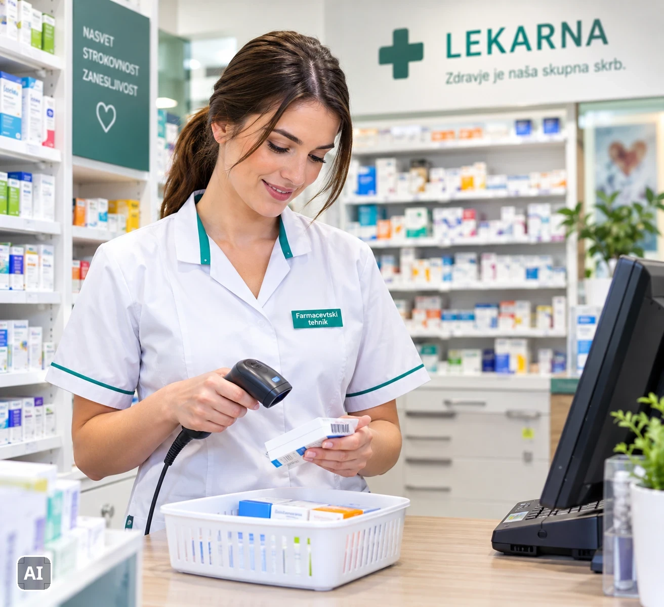 Farmacevtska tehnica v lekarni s čitalnikom črtne kode preverja škatlico zdravila (ilustracija, ustvarjena z umetno inteligenco)