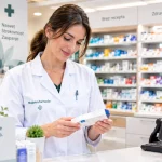 Magistra farmacije za lekarniškim pultom pregleduje škatlico zdravila, za njo police z zdravili (ilustracija, ustvarjena z umetno inteligenco)