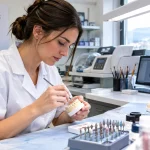 Zobotehnica v laboratoriju z instrumentom oblikuje zobe na mavčnem modelu, na zaslonu digitalni model zobovja (ilustracija, ustvarjena z umetno inteligenco)