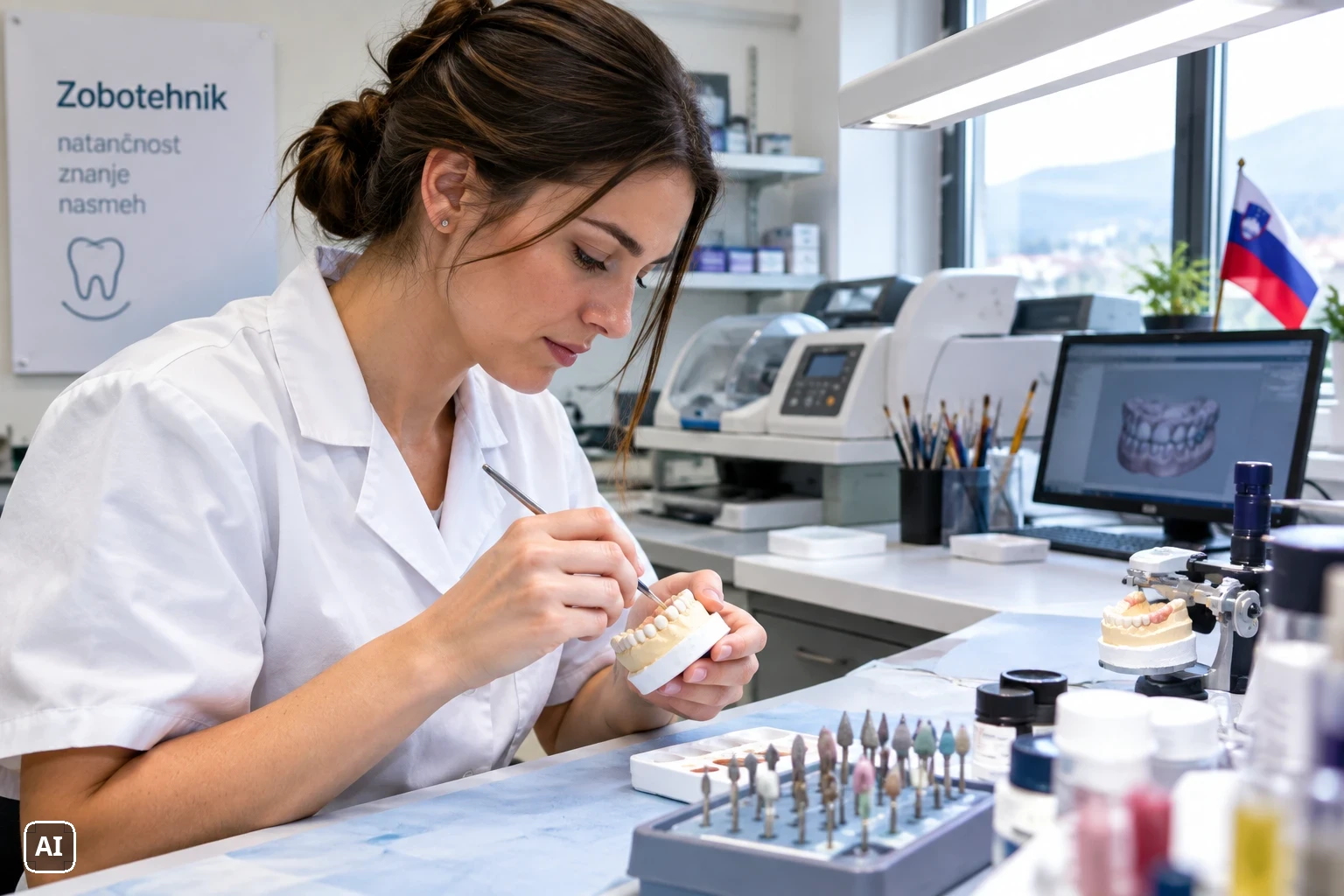 Zobotehnica v laboratoriju z instrumentom oblikuje zobe na mavčnem modelu, na zaslonu digitalni model zobovja (ilustracija, ustvarjena z umetno inteligenco)