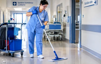 Čistilka v modri delovni obleki čisti tla bolnišničnega hodnika, ob njej čistilni voziček (ilustracija, ustvarjena z umetno inteligenco)