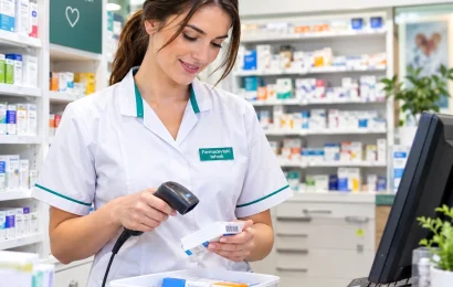 Farmacevtska tehnica v lekarni s čitalnikom črtne kode preverja škatlico zdravila (ilustracija, ustvarjena z umetno inteligenco)