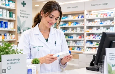 Magistra farmacije za lekarniškim pultom pregleduje škatlico zdravila, za njo police z zdravili (ilustracija, ustvarjena z umetno inteligenco)