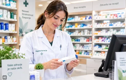 Magistra farmacije za lekarniškim pultom pregleduje škatlico zdravila, za njo police z zdravili (ilustracija, ustvarjena z umetno inteligenco)