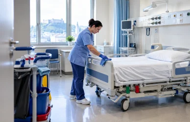 Strežnica v modri delovni obleki razkužuje posteljo v bolniški sobi, ob vratih čistilni voziček