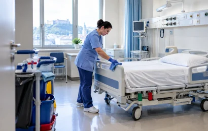 Strežnica v modri delovni obleki razkužuje posteljo v bolniški sobi, ob vratih čistilni voziček