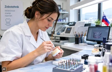 Zobotehnica v laboratoriju z instrumentom oblikuje zobe na mavčnem modelu, na zaslonu digitalni model zobovja (ilustracija, ustvarjena z umetno inteligenco)