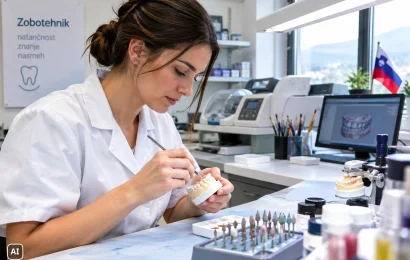 Zobotehnica v laboratoriju z instrumentom oblikuje zobe na mavčnem modelu, na zaslonu digitalni model zobovja (ilustracija, ustvarjena z umetno inteligenco)